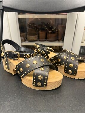 Maje Black Studded Leather & Wood Platform Sandals